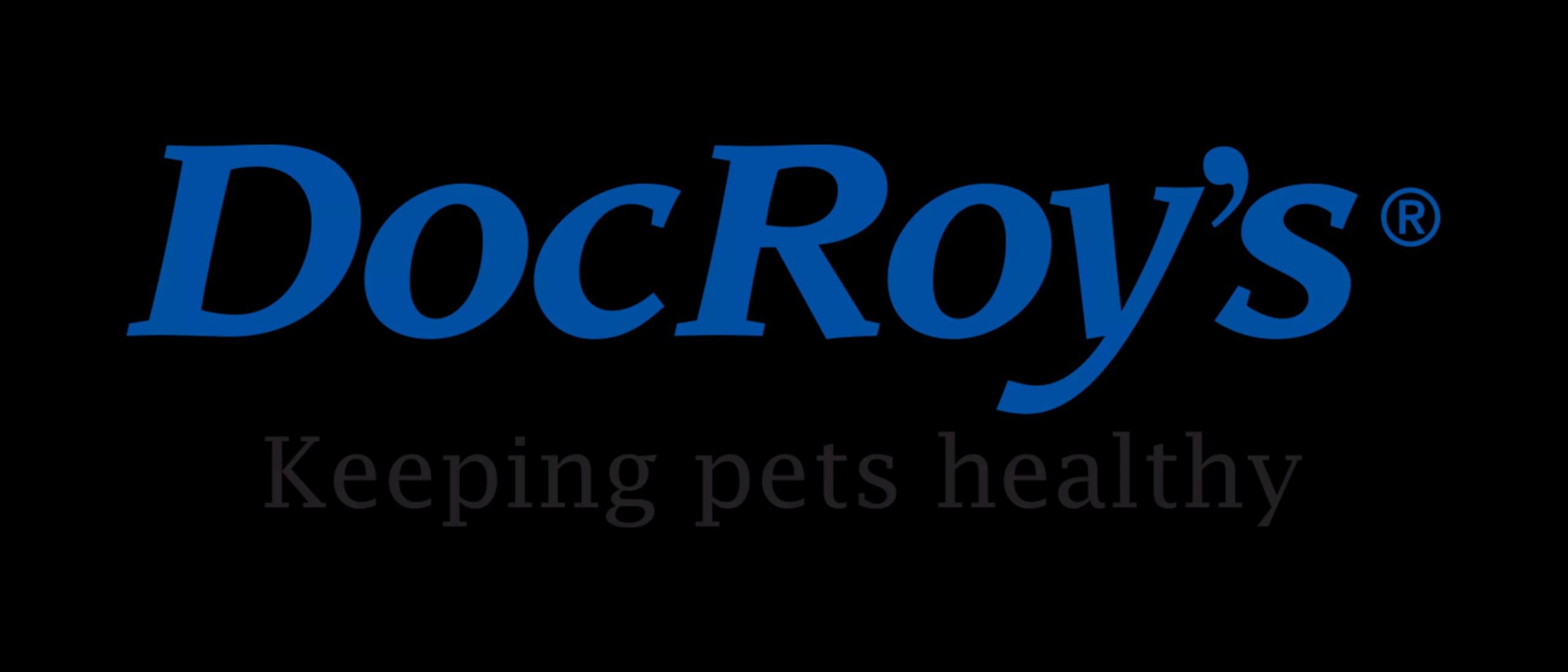 Blue and white Doc Roy's logo with the slogan Keeping pets healthy