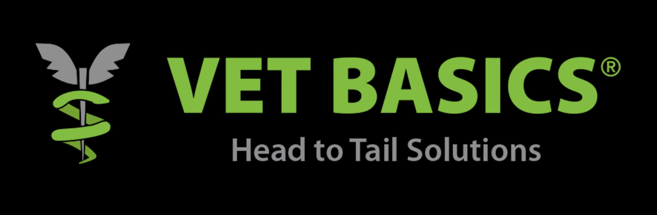 Green and grey Vet Basics logo with the slogan Head to Tail Solutions